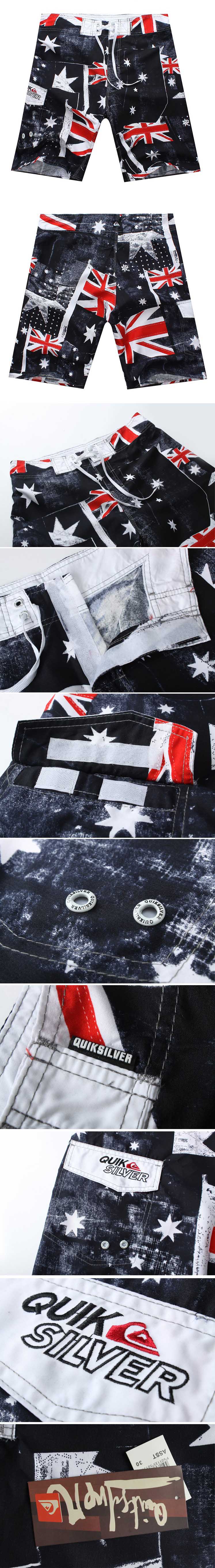 jual celana pantai pria merk quiksilver dengan motif bendera inggris terbuat dari bahan polyester sehingga nyaman dipakai